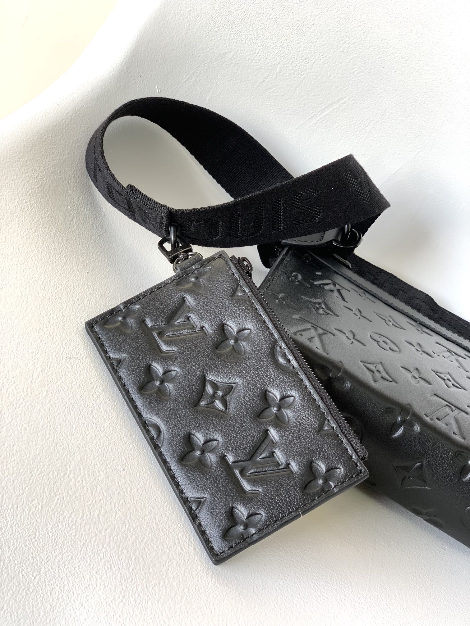 Louis Vuitton Black Embossed Leather Crossbody Messenger Bag with Detachable Pouch