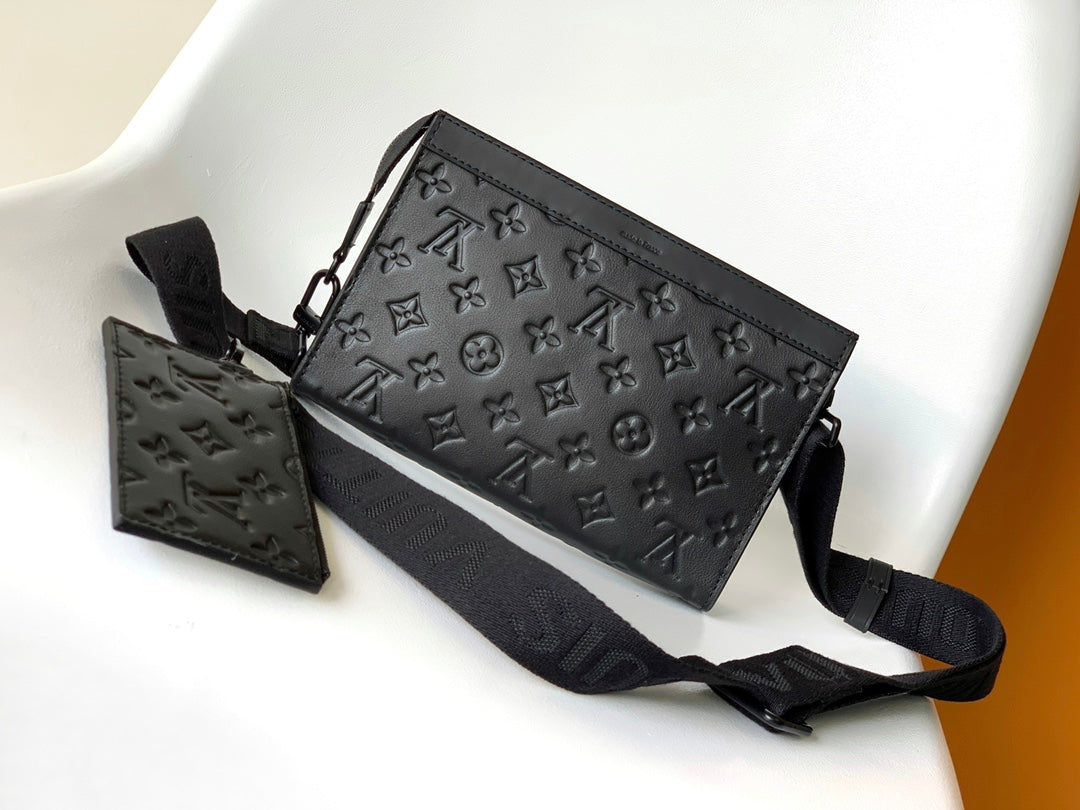 Louis Vuitton Black Embossed Leather Crossbody Messenger Bag with Detachable Pouch