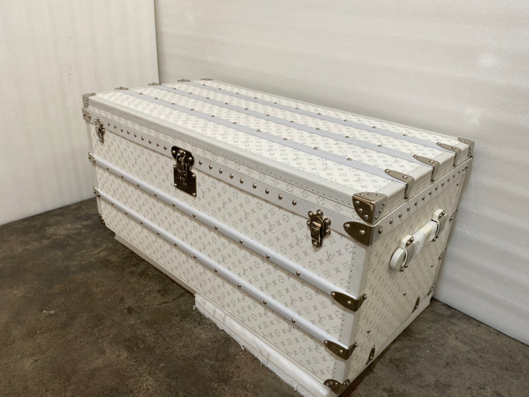 Vintage White Patterned Storage Trunk with Gold Hardware