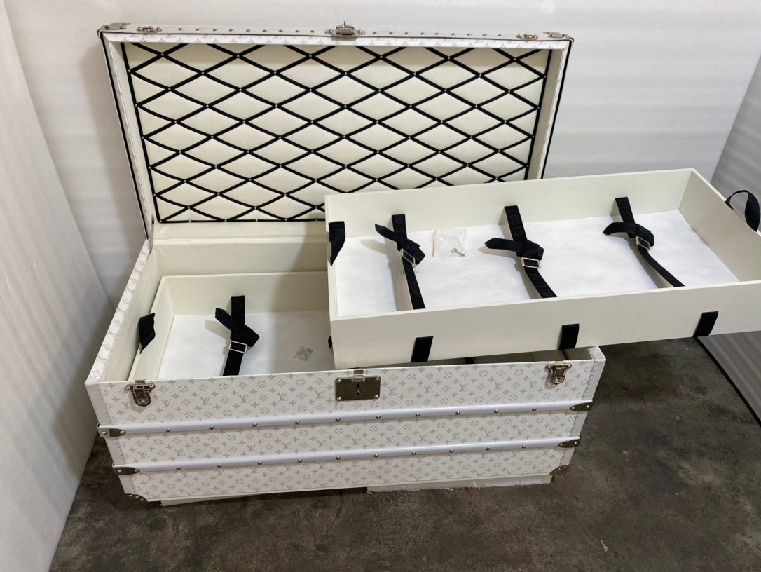 Vintage White Patterned Storage Trunk with Gold Hardware