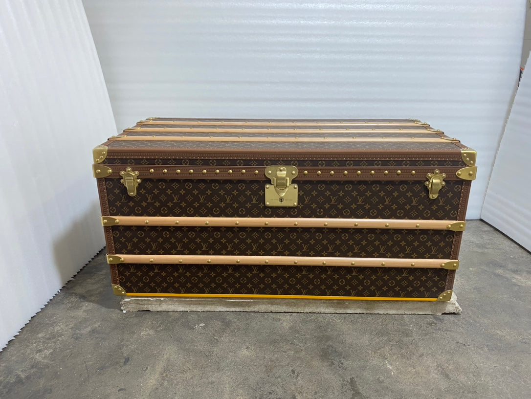 Vintage Monogram Steamer Trunk with Wooden Slats and Brass Hardware