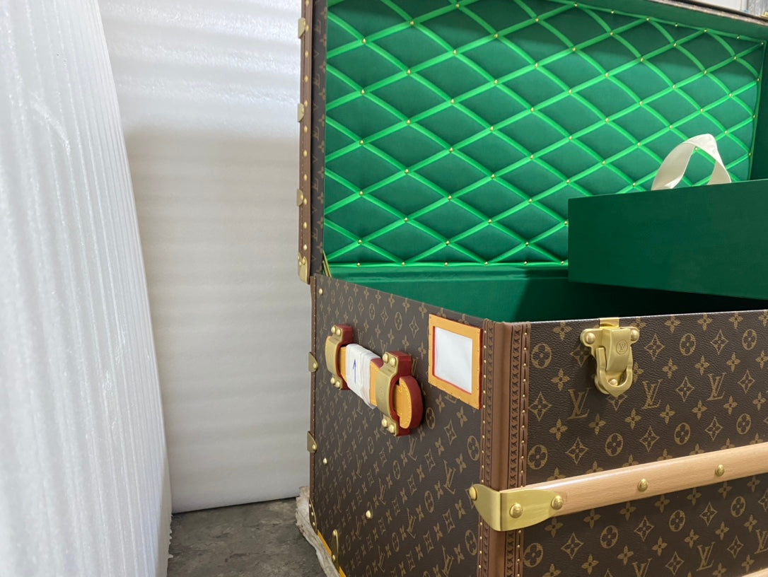Vintage Monogram Steamer Trunk with Wooden Slats and Brass Hardware