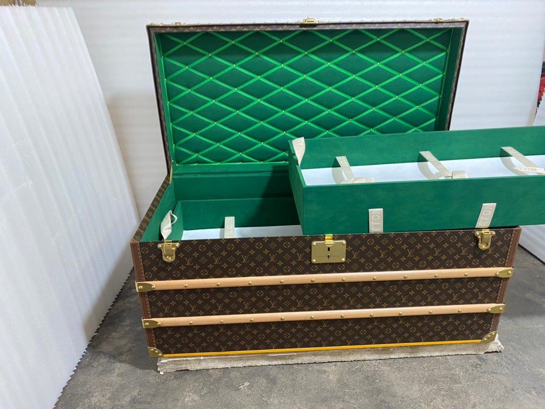 Vintage Monogram Steamer Trunk with Wooden Slats and Brass Hardware