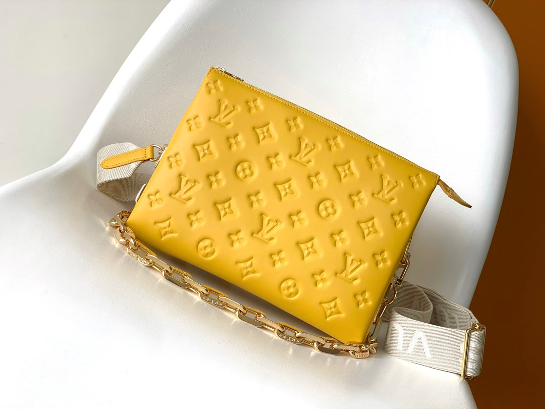 Louis Vuitton Chic Yellow Quilted Crossbody Bag with Wide Strap and Chain