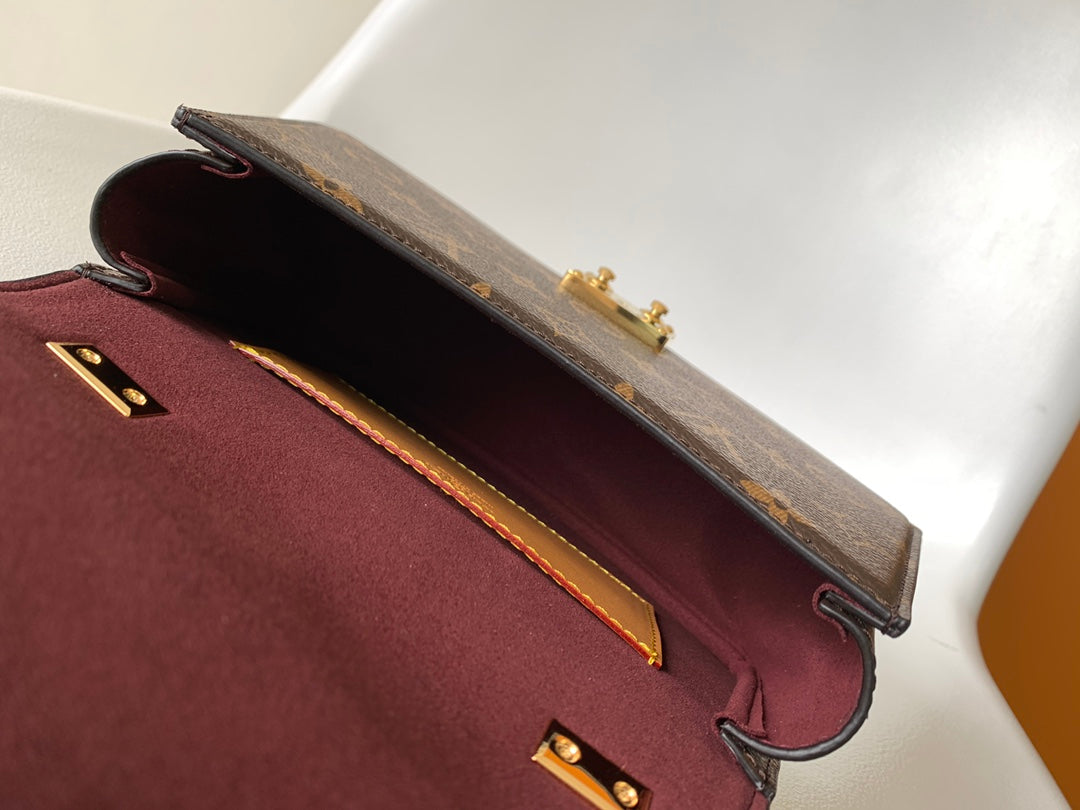 Louis Vuitton Vintage Brown Monogram Satchel Bag with Top Handle and Gold Lock