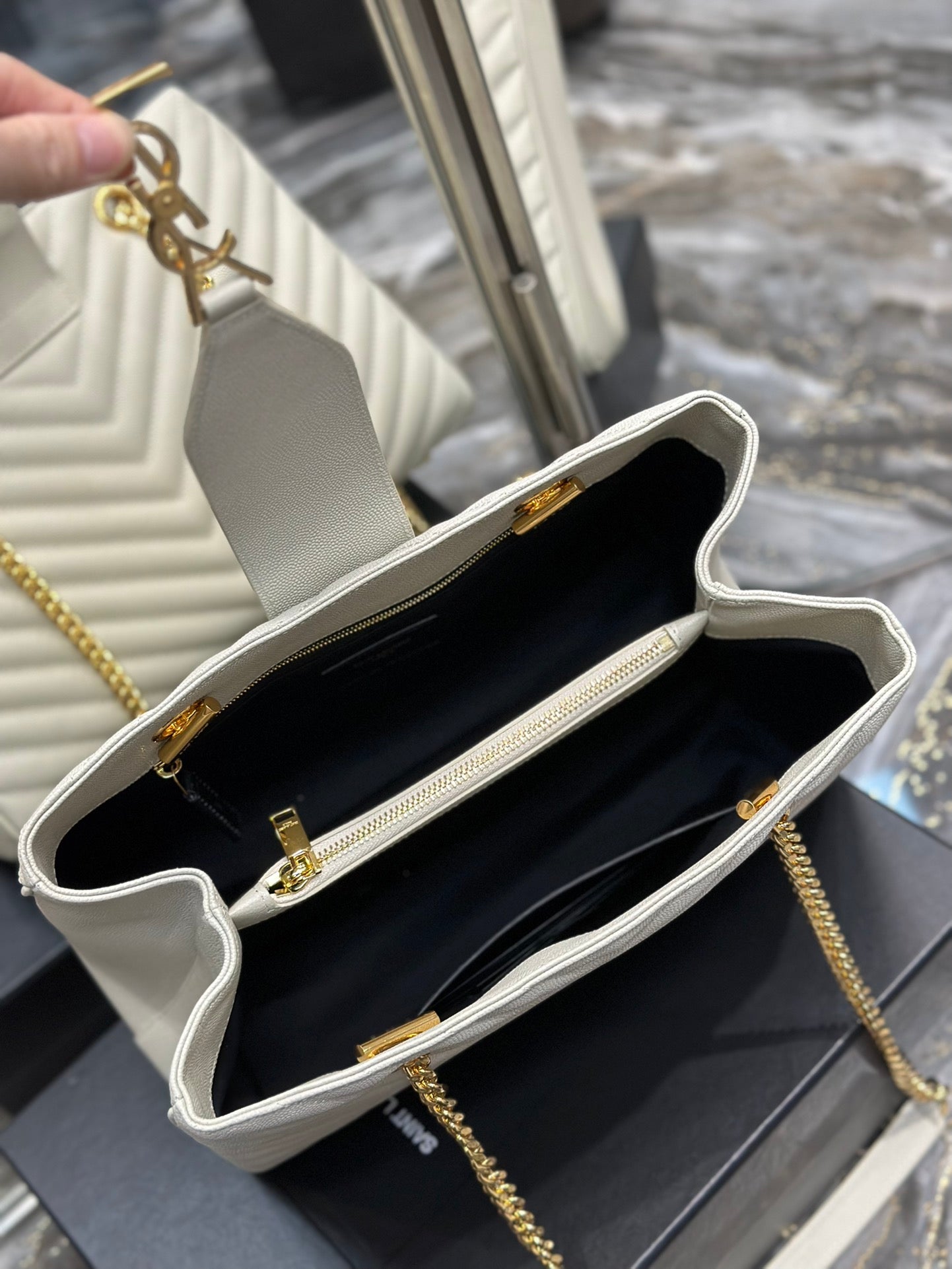 Luxury Quilted Leather Chevron Tote Bag - Cream White Shoulder Bag with Gold Chain Straps