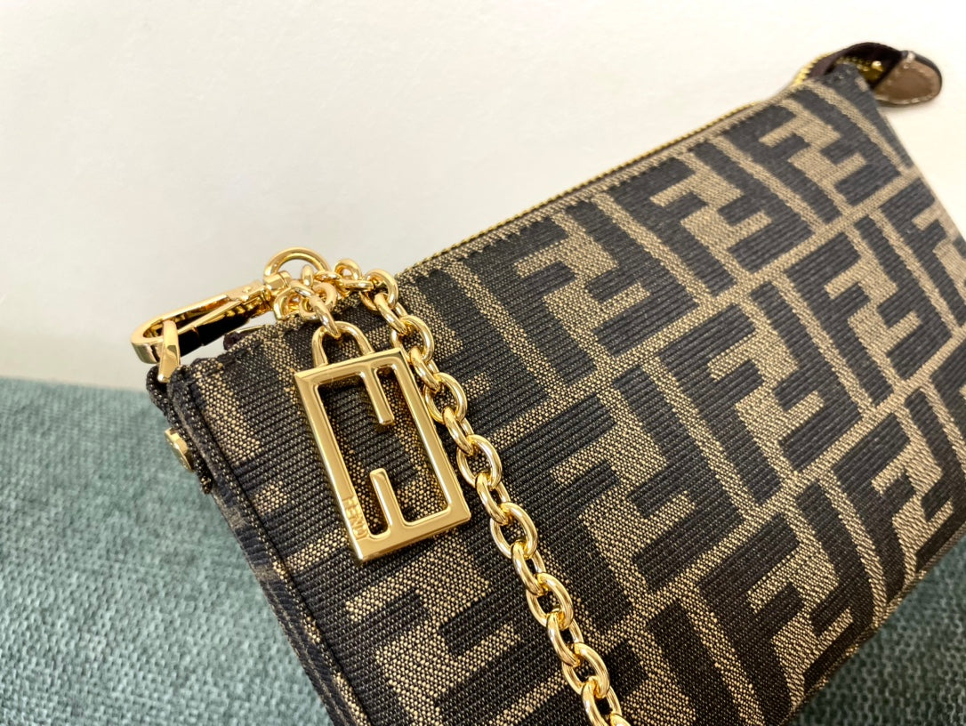 Fendi Zucca Monogram Brown Canvas Crossbody Bag with Gold Chain Strap