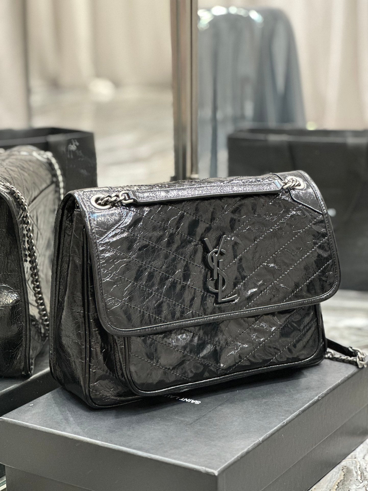 Saint Laurent Niki Medium Shoulder Bag in Black Crinkled Vintage Leather
