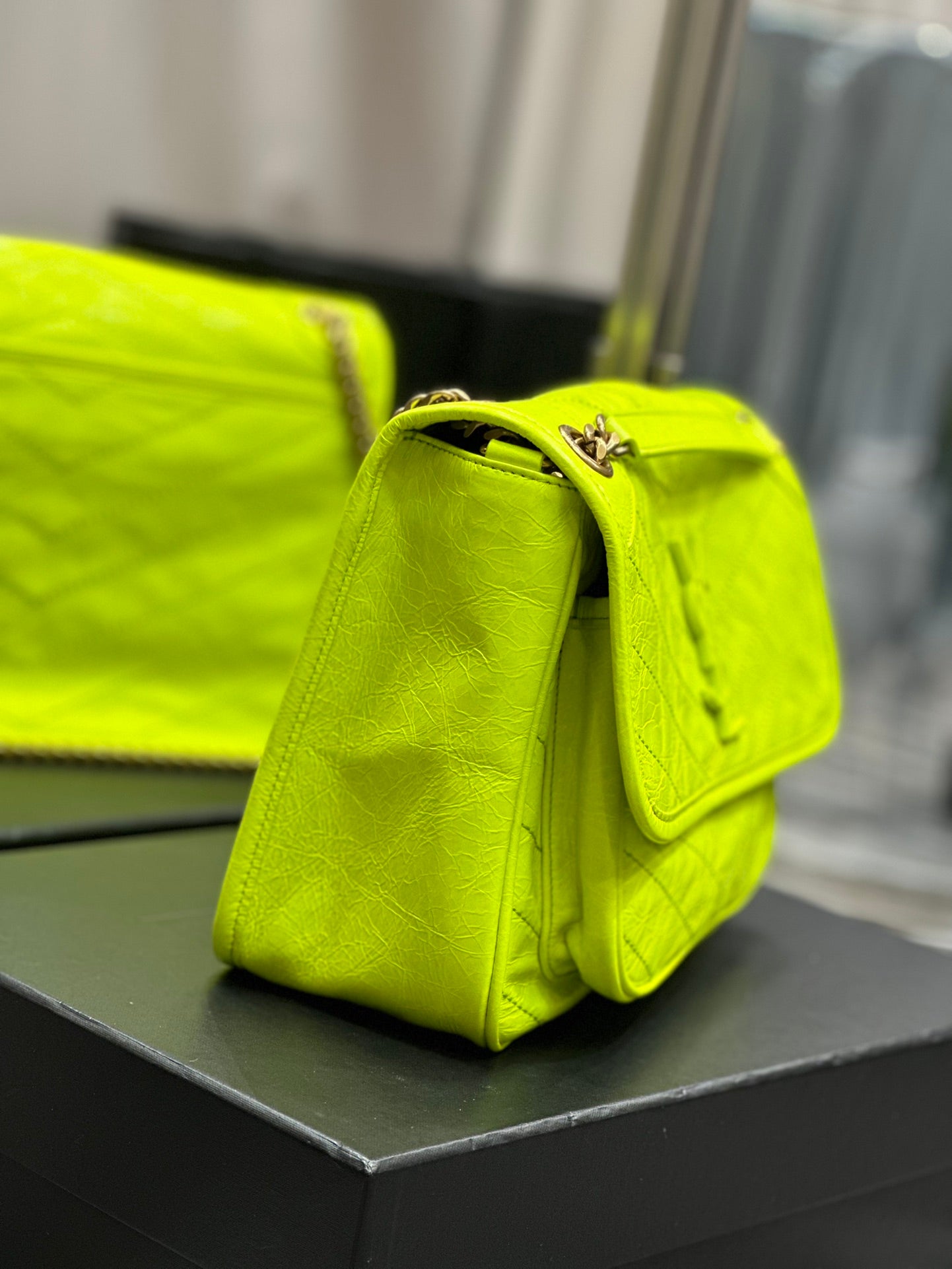 Saint Laurent Niki Medium Shoulder Bag in Neon Yellow Crinkled Leather