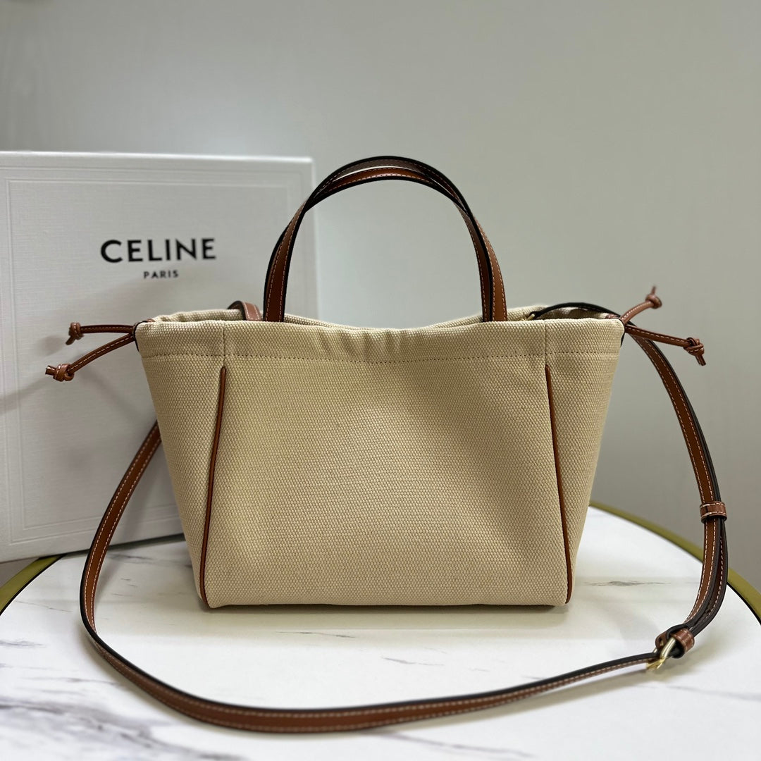Celine Small Triomphe Cabas Drawstring Bag in Canvas and Calfskin