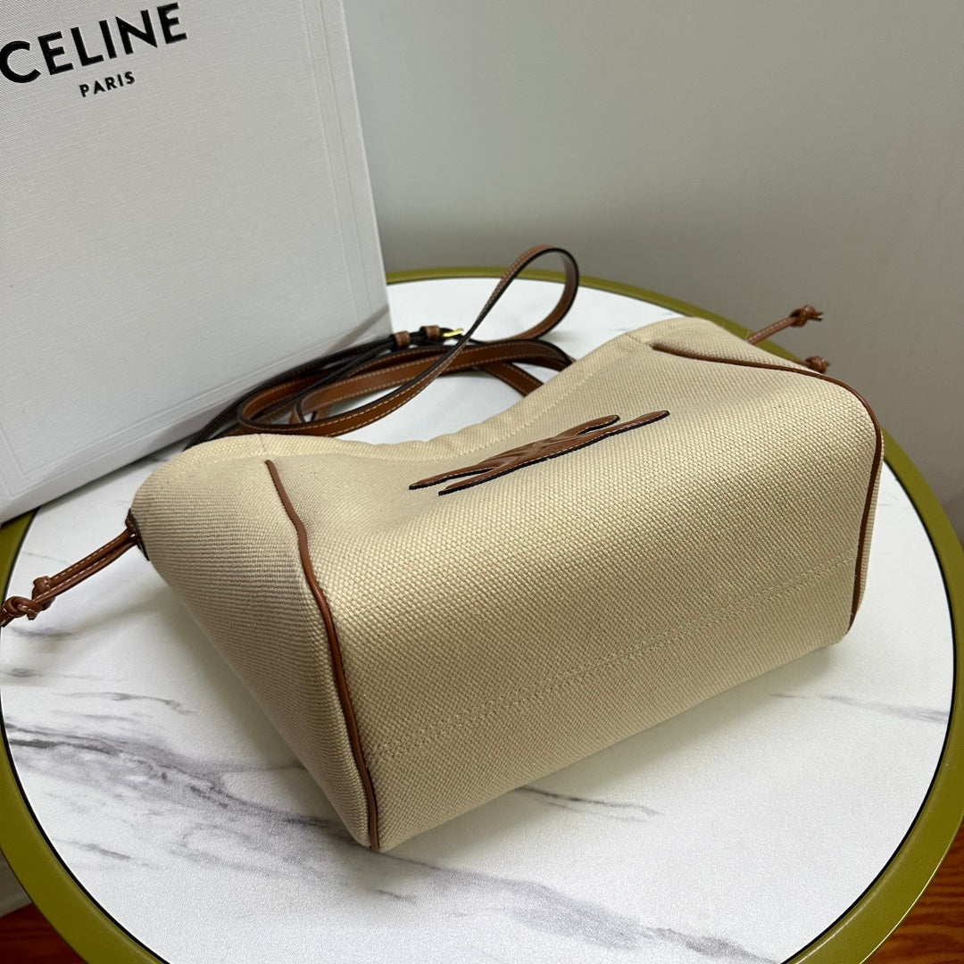 Celine Small Triomphe Cabas Drawstring Bag in Canvas and Calfskin