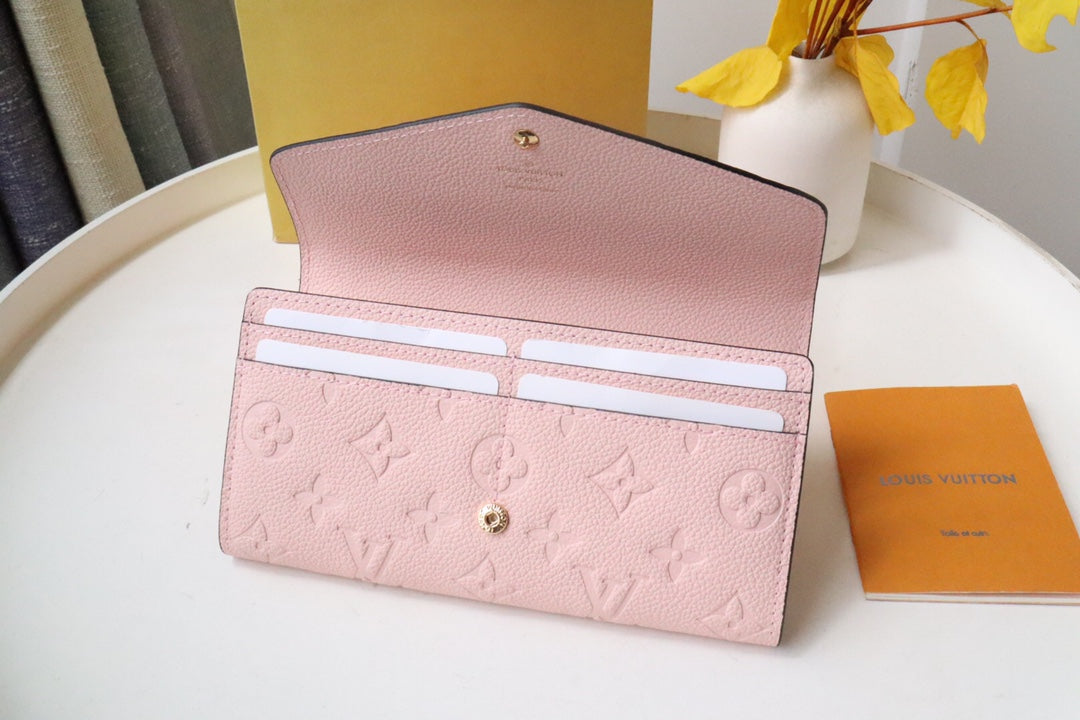 Louis Vuitton Luxury Pink Embossed Leather Envelope Long Wallet with Snap Closure