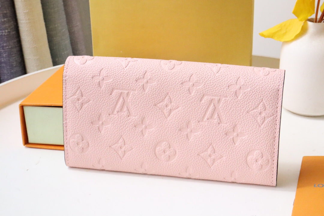Louis Vuitton Luxury Pink Embossed Leather Envelope Long Wallet with Snap Closure