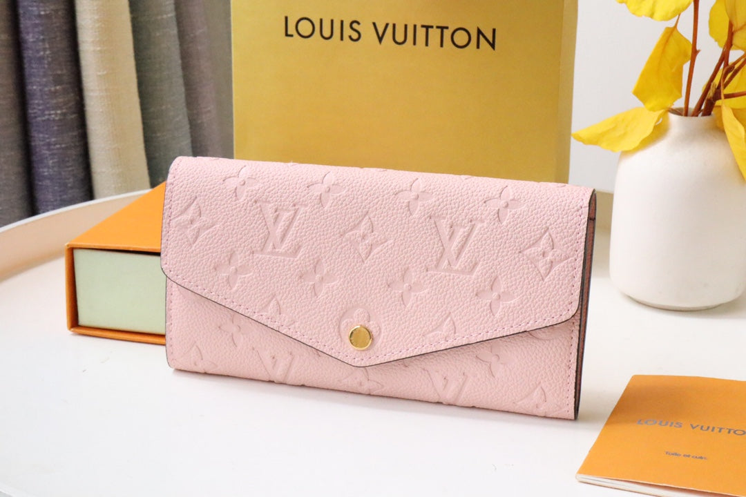 Louis Vuitton Luxury Pink Embossed Leather Envelope Long Wallet with Snap Closure