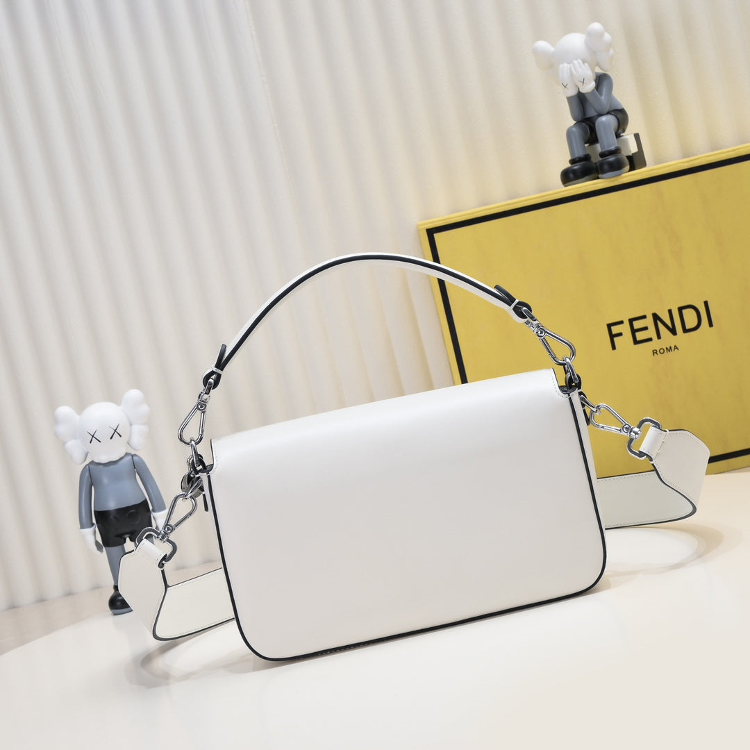 Fendi Baguette White Leather Shoulder Bag with Silver FF Buckle