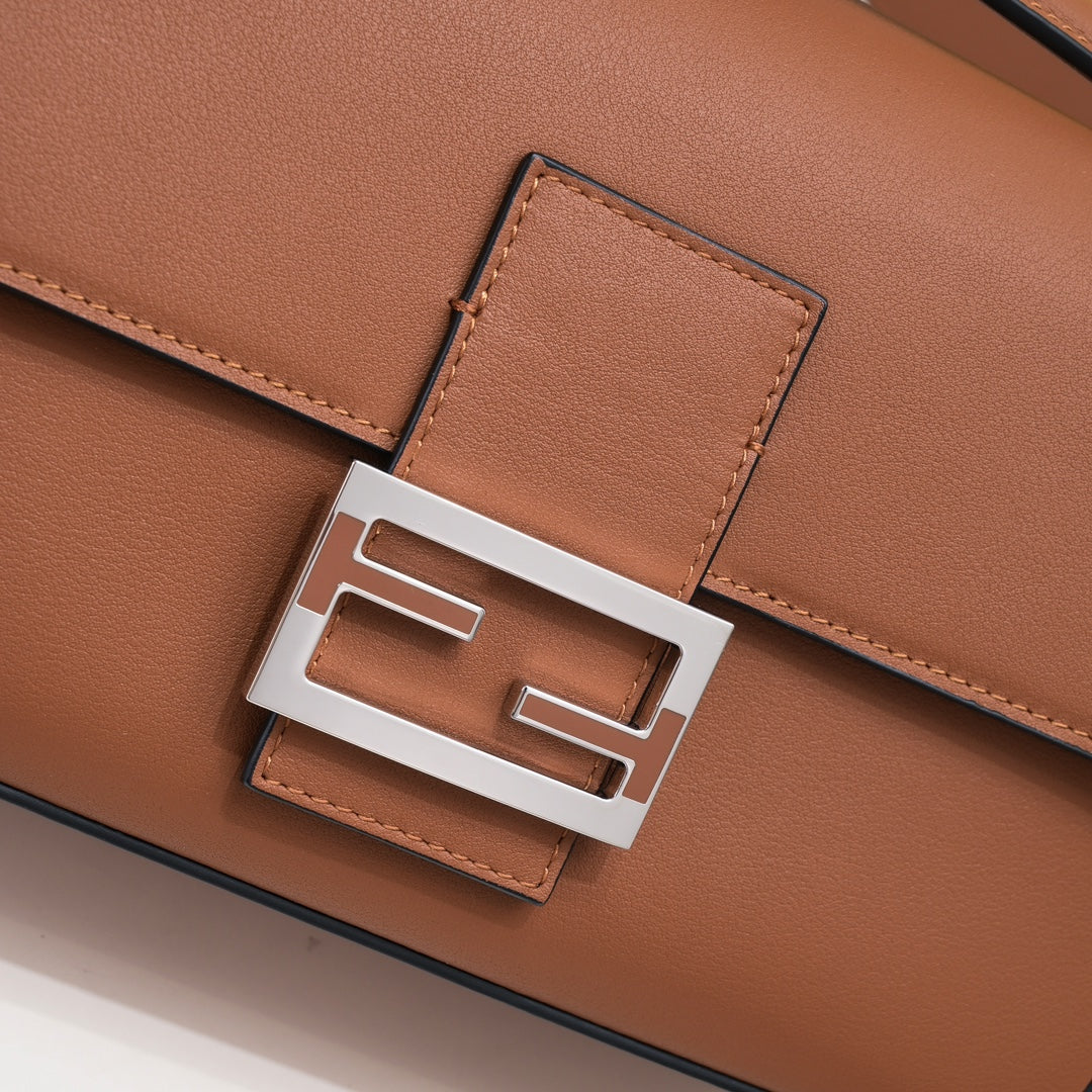 Fendi Brown Leather Baguette Crossbody Handbag with Gold-Tone Hardware