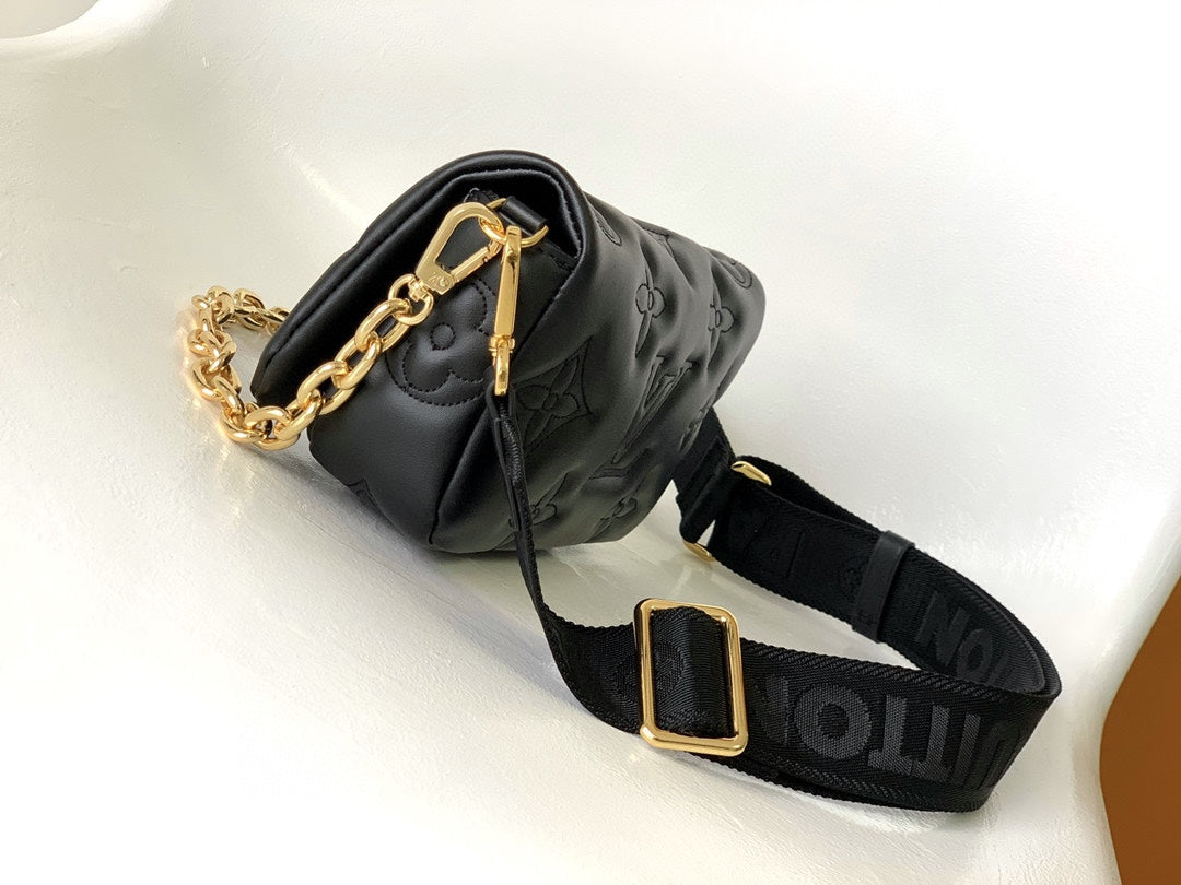Louis Vuitton Black Quilted Chevron Crossbody Bag with Wide Strap and Gold Chain