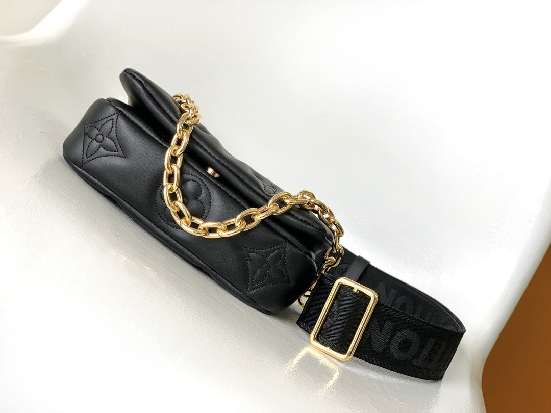 Women's Black Quilted Crossbody Shoulder Bag with Wide Webbing Strap & Gold Chain Detail