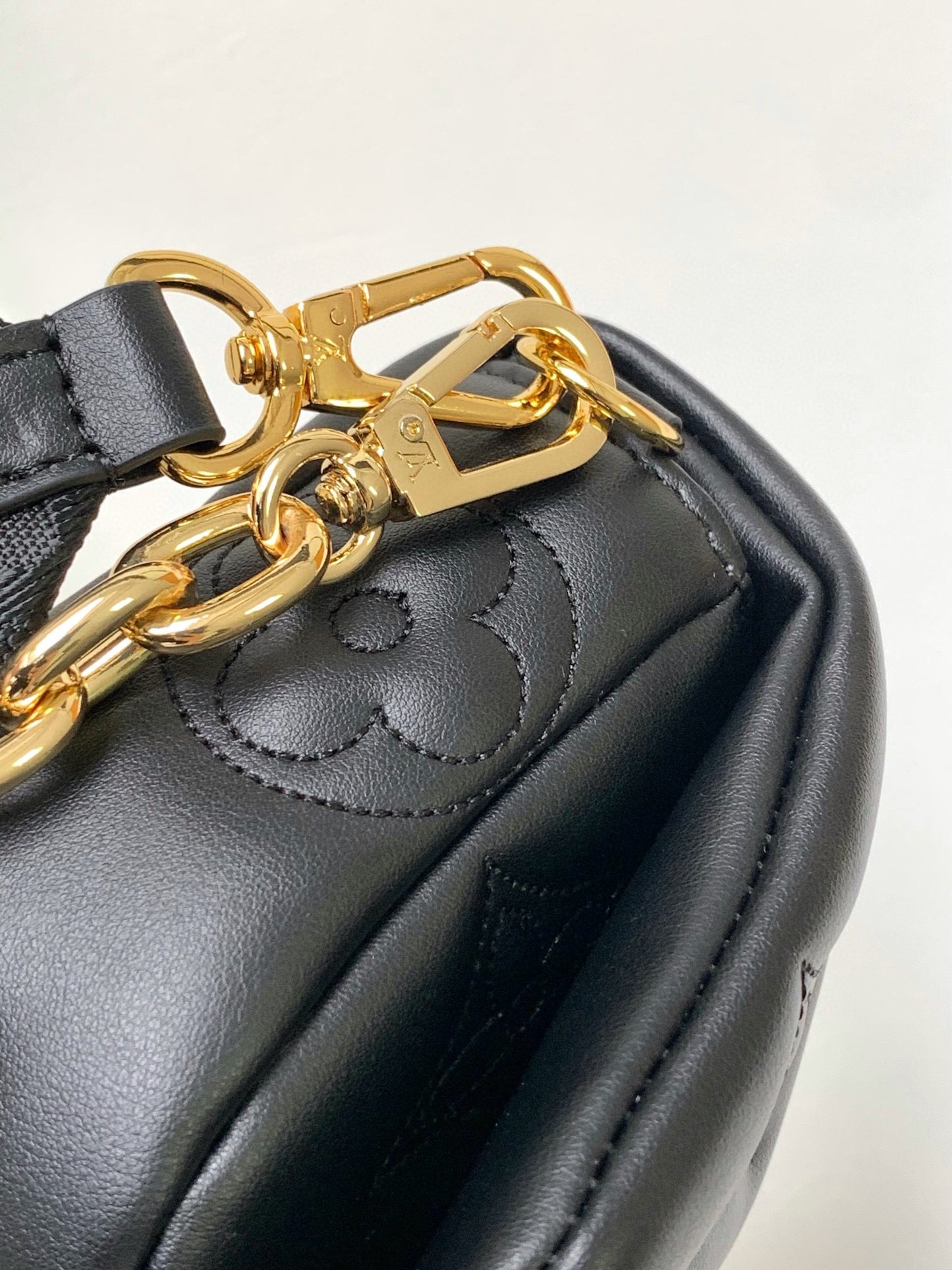 Louis Vuitton Black Quilted Chevron Crossbody Bag with Wide Strap and Gold Chain