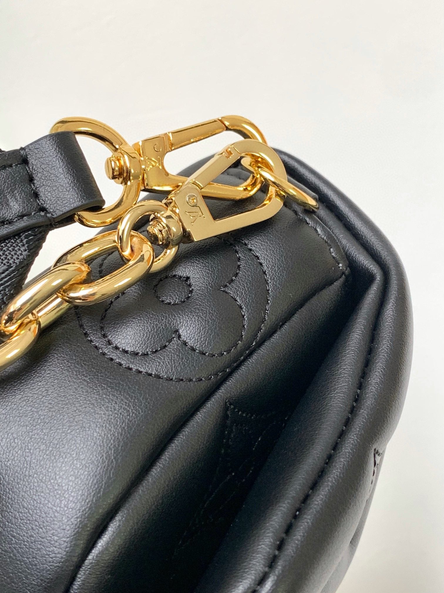 Louis Vuitton Black Quilted Chevron Crossbody Bag with Wide Strap and Gold Chain