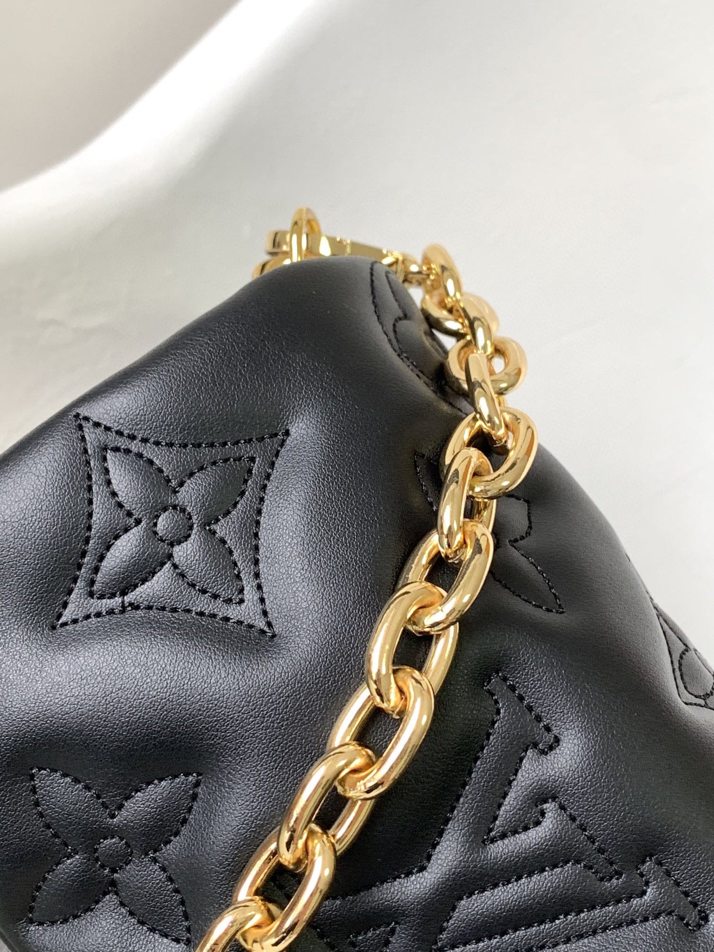 Louis Vuitton Black Quilted Chevron Crossbody Bag with Wide Strap and Gold Chain