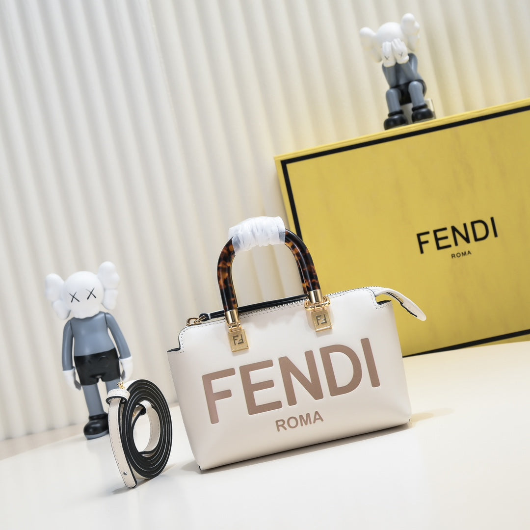 Fendi By The Way Mini Boston Bag White Leather with Tortoise Handles