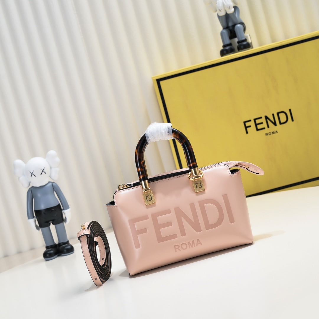 Fendi By The Way Mini Pink Leather Boston Bag with Embossed Logo and Tortoiseshell Handles