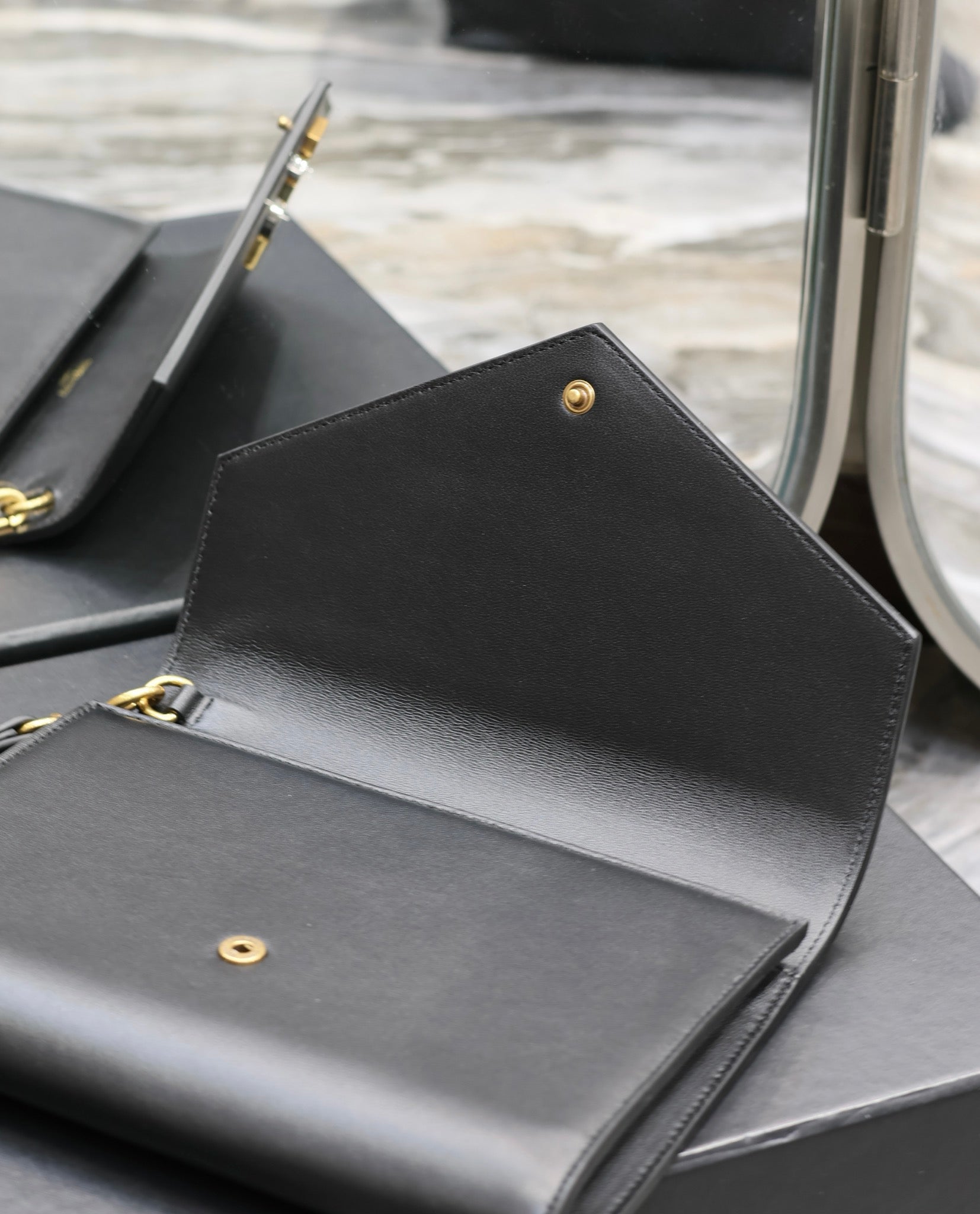 Saint Laurent YSL Black Leather Envelope Clutch Bag with Gold-Tone Logo