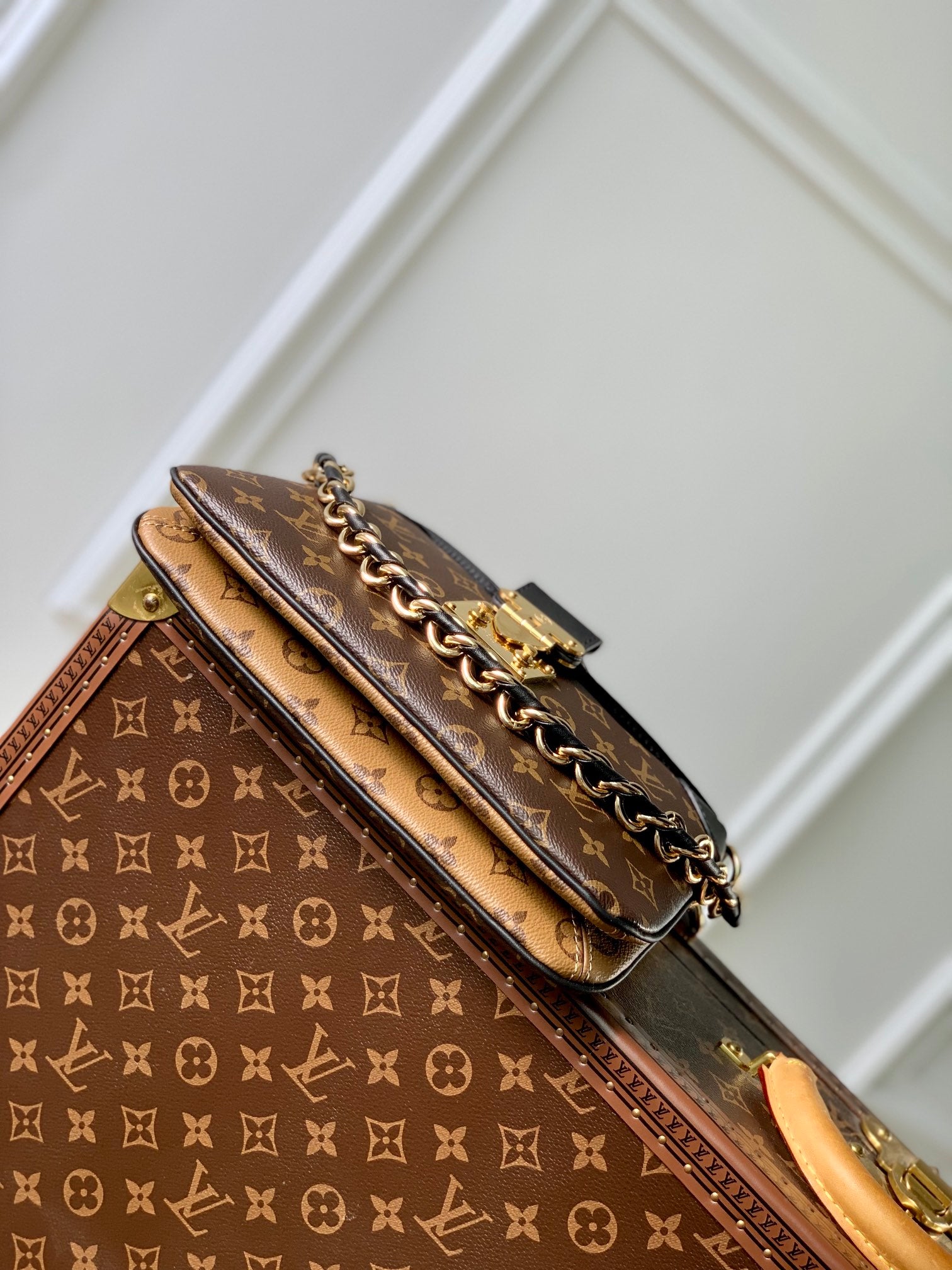 Louis Vuitton Classic Brown Monogram Shoulder Bag with Gold Chain and Lock Clasp