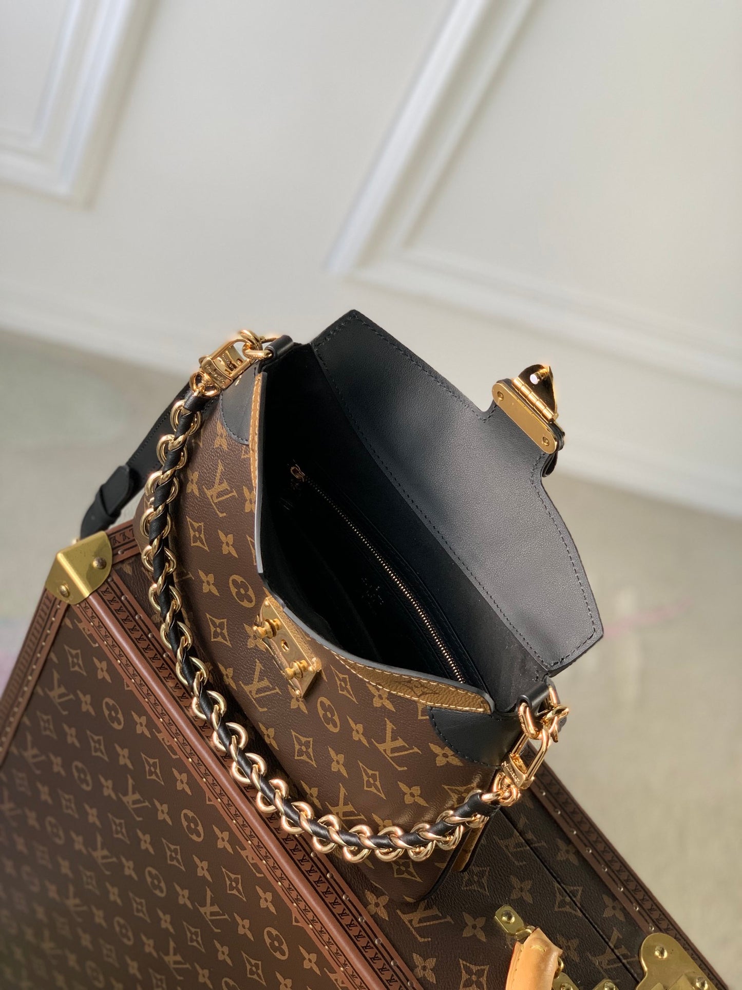 Louis Vuitton Classic Brown Monogram Shoulder Bag with Gold Chain and Lock Clasp