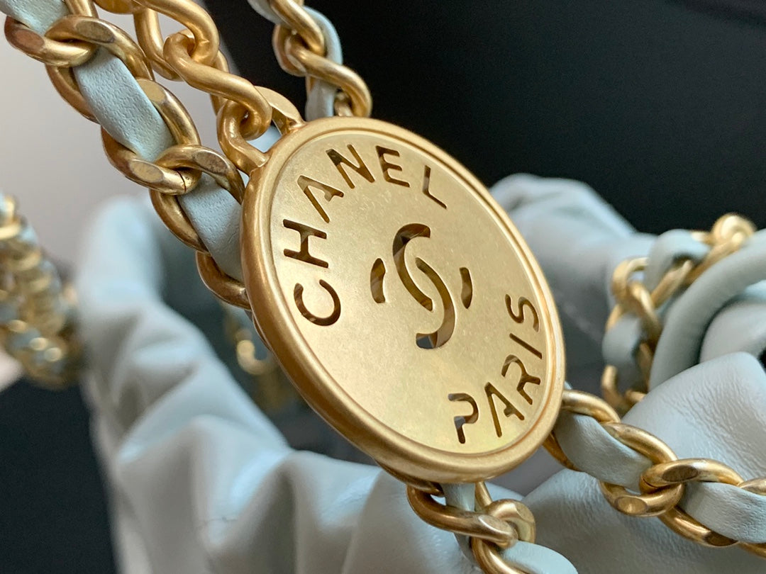 Chanel Mini Drawstring Pouch Bag with Gold-Tone Chain and Coin Charm - Mint Green