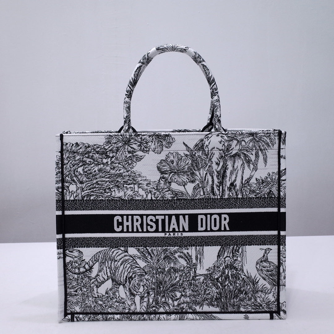 Dior Vintage Botanical Animal Print Black and White Canvas Tote Bag