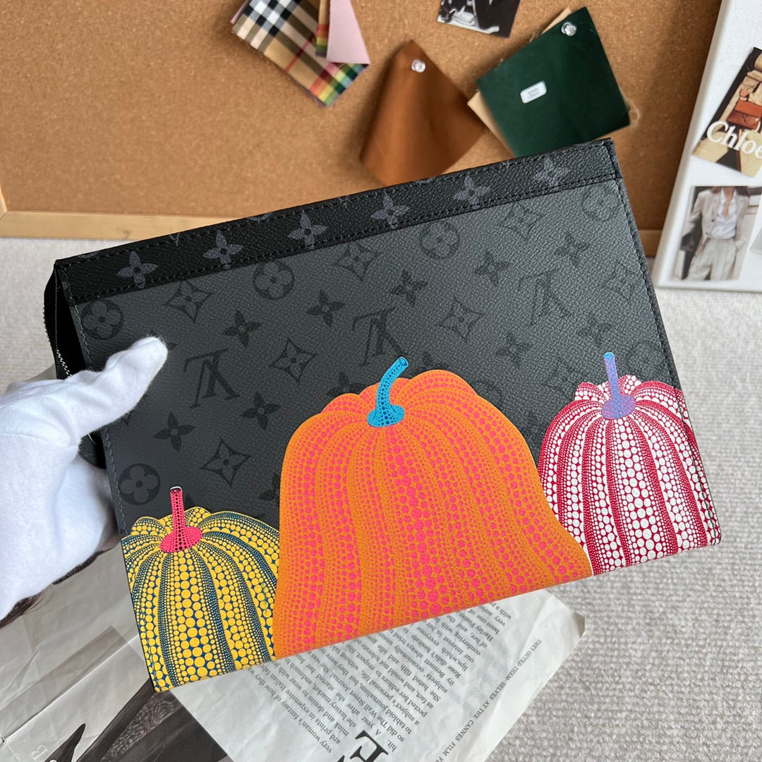 Louis Vuitton Grey Monogram Canvas Clutch Bag with Colorful Pumpkin Art