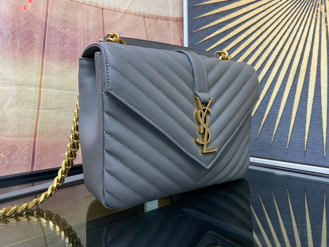 Saint Laurent College Medium in Quilted Leather Grey Gold Hardware