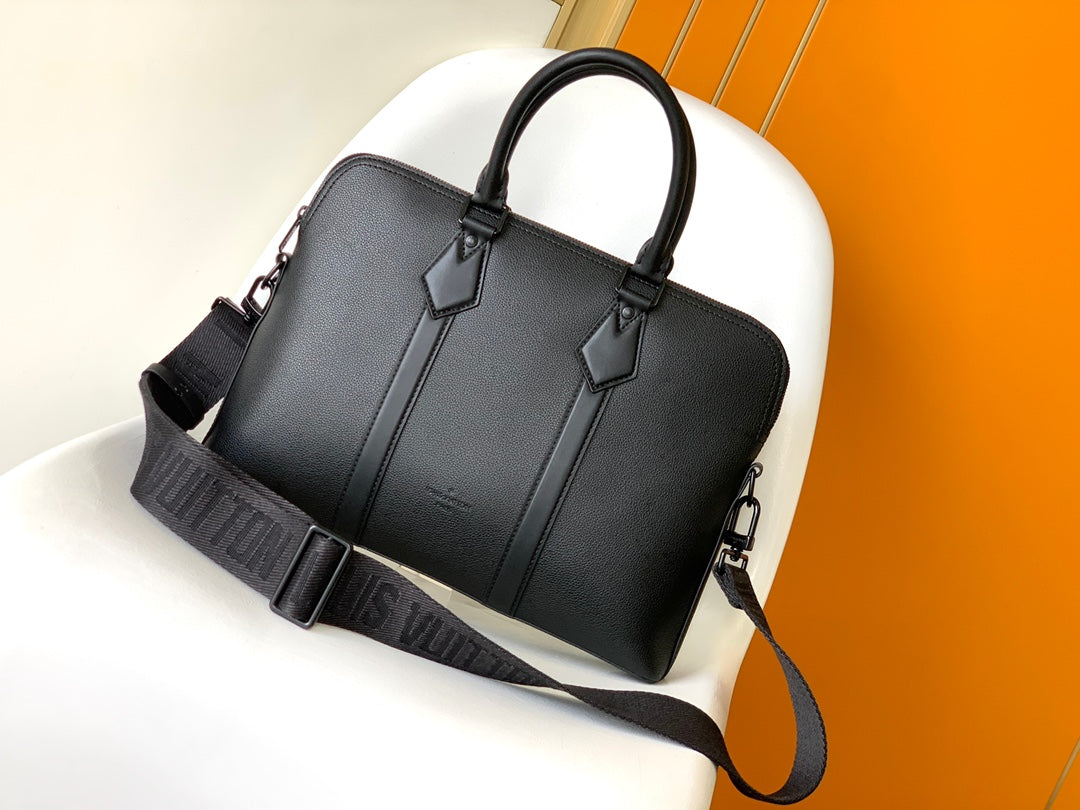 Louis Vuitton Modern Black Leather Briefcase Laptop Bag with Shoulder Strap