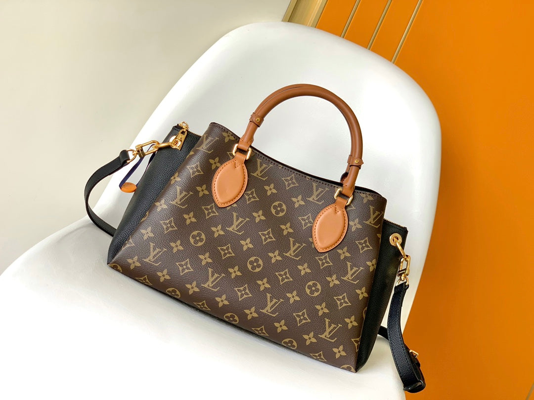 Louis Vuitton Luxury Brown Monogram Canvas Handbag with Tan Leather Handles