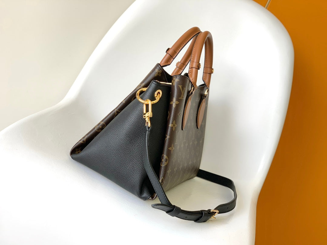 Louis Vuitton Luxury Brown Monogram Canvas Handbag with Tan Leather Handles
