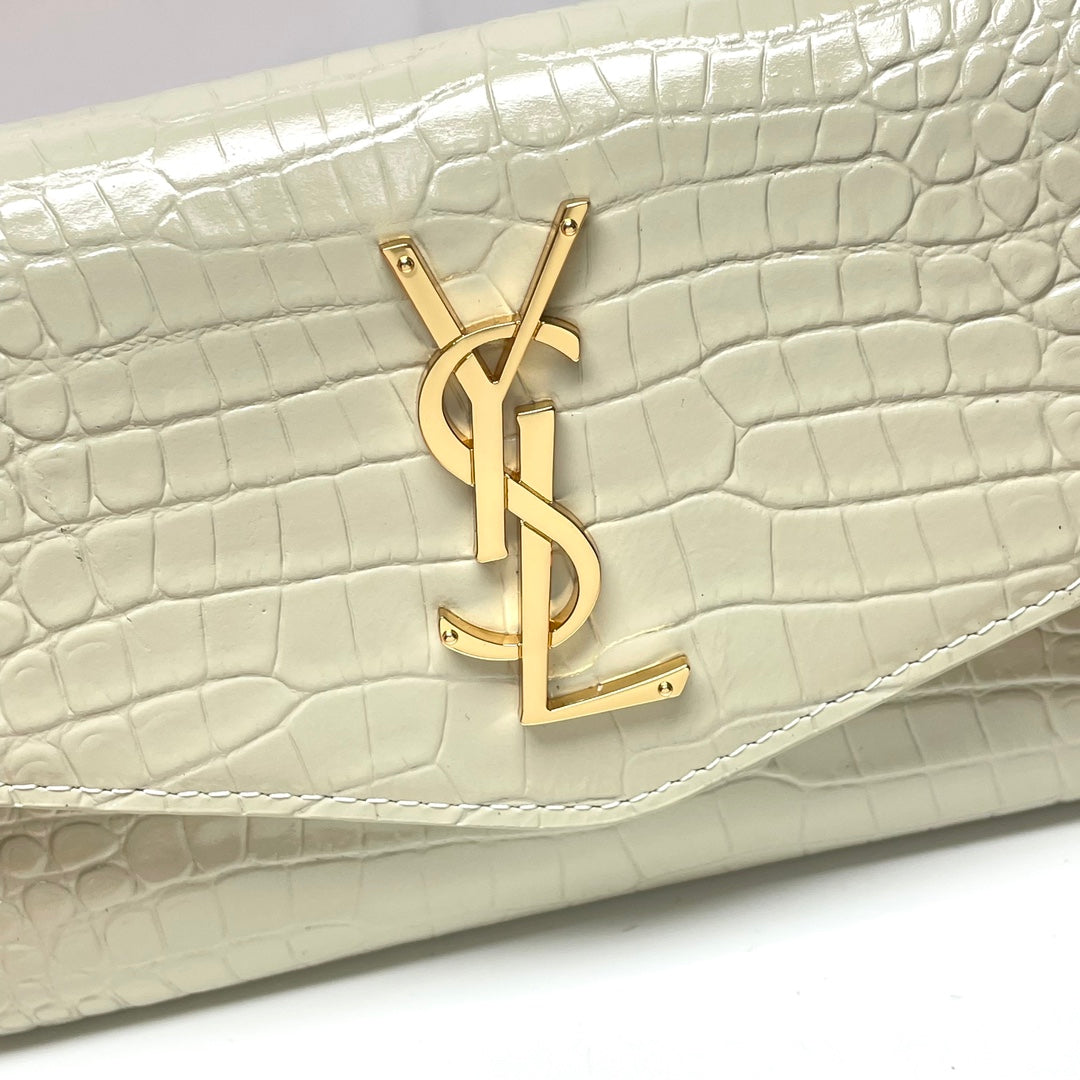 Saint Laurent Cassandre Chain Wallet in Crocodile-Embossed Leather - Cream