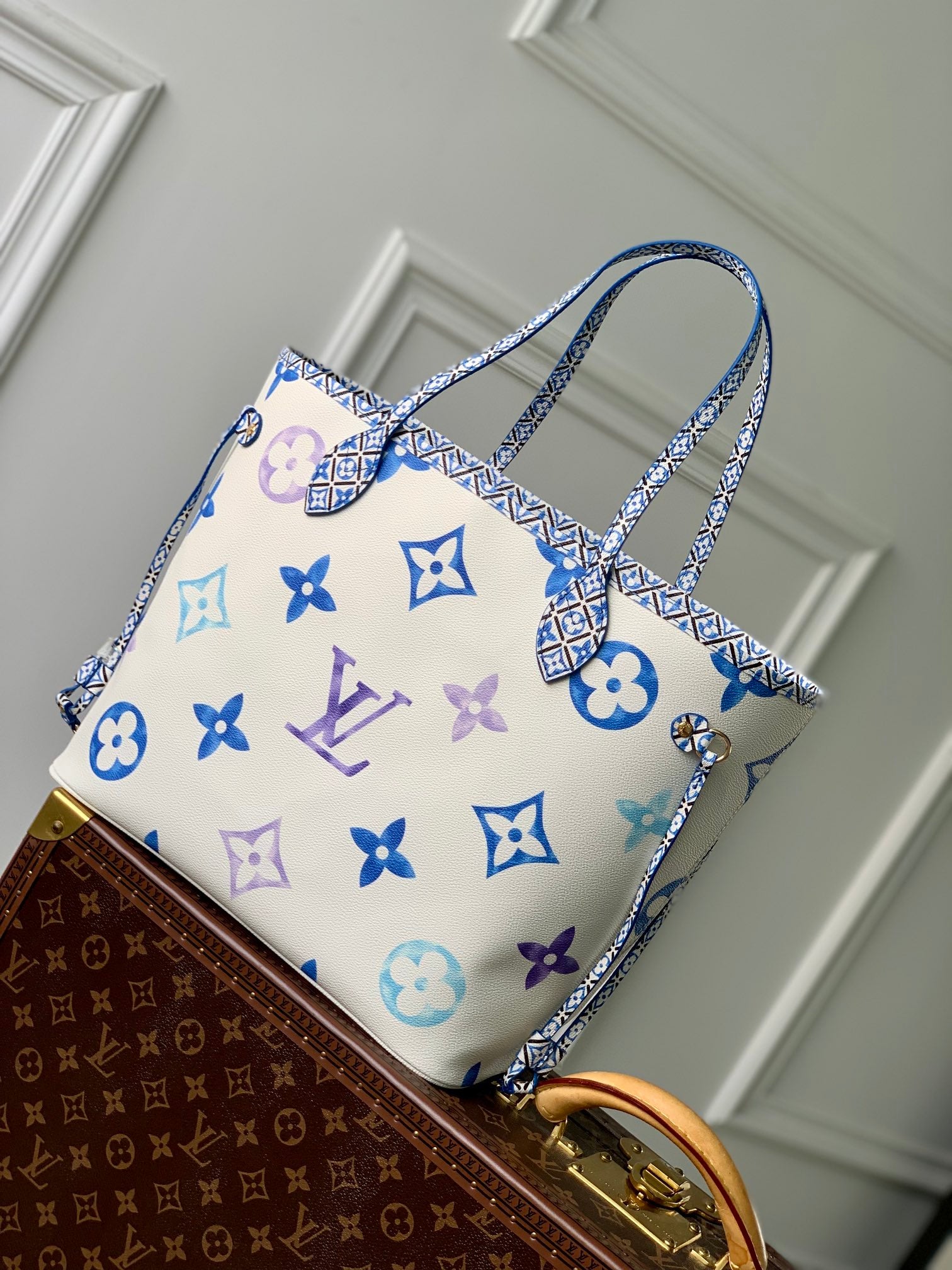 Louis Vuitton Designer White Canvas Tote Bag with Blue and Purple Monogram Print