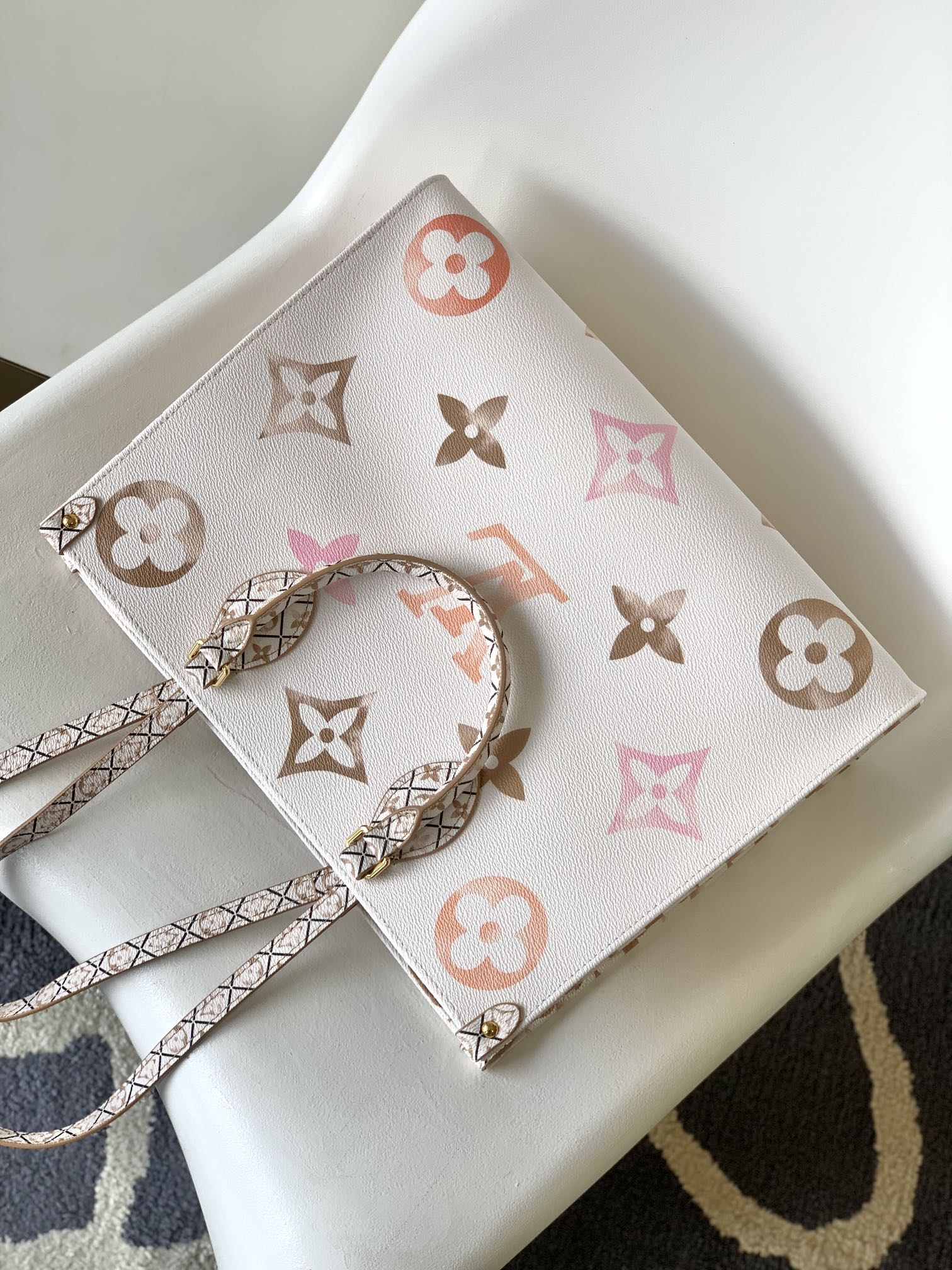 Louis Vuitton Luxury Cream Monogram Leather Tote Bag with Patterned Handles