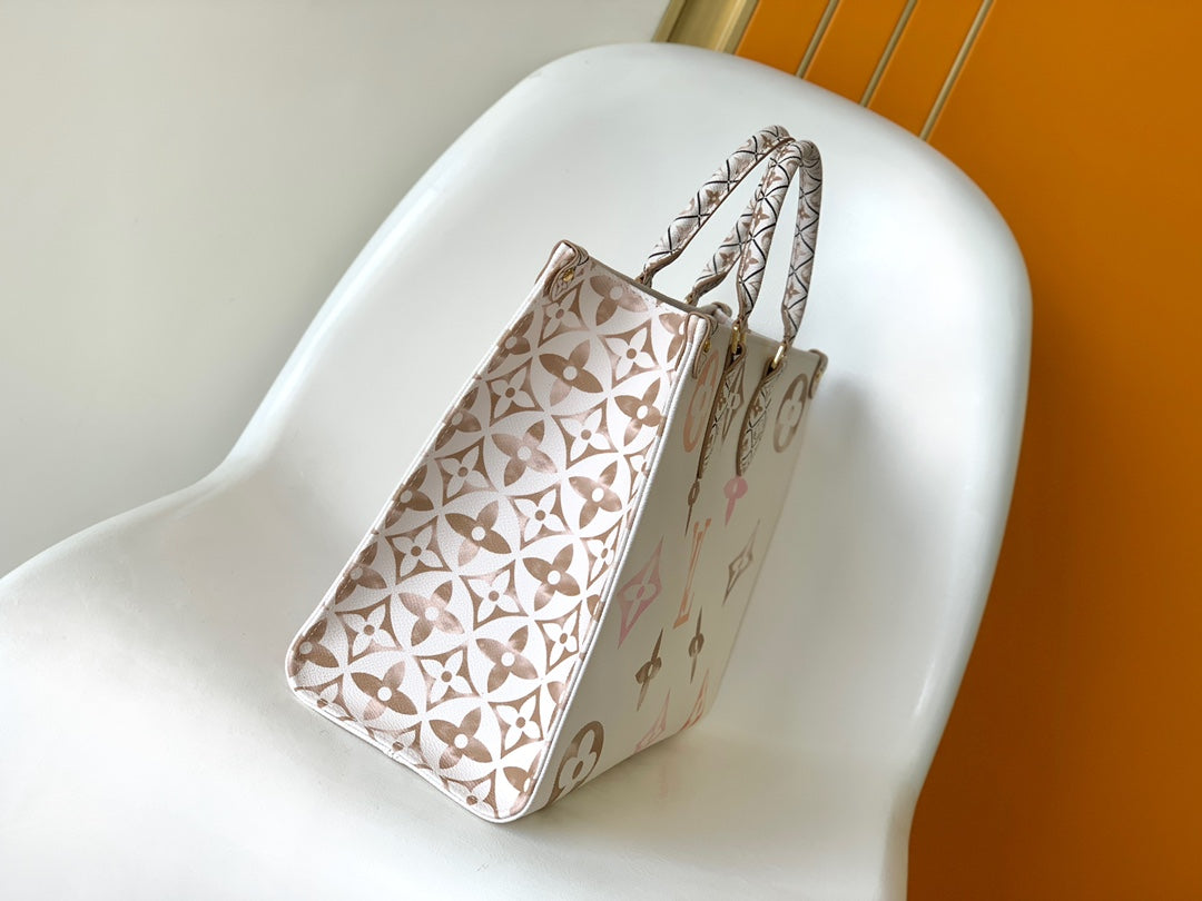 Louis Vuitton Luxury Cream Monogram Leather Tote Bag with Patterned Handles