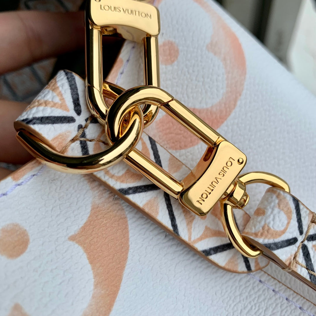 Louis Vuitton White Leather Drawstring Bucket Bag with Pastel Geometric Print