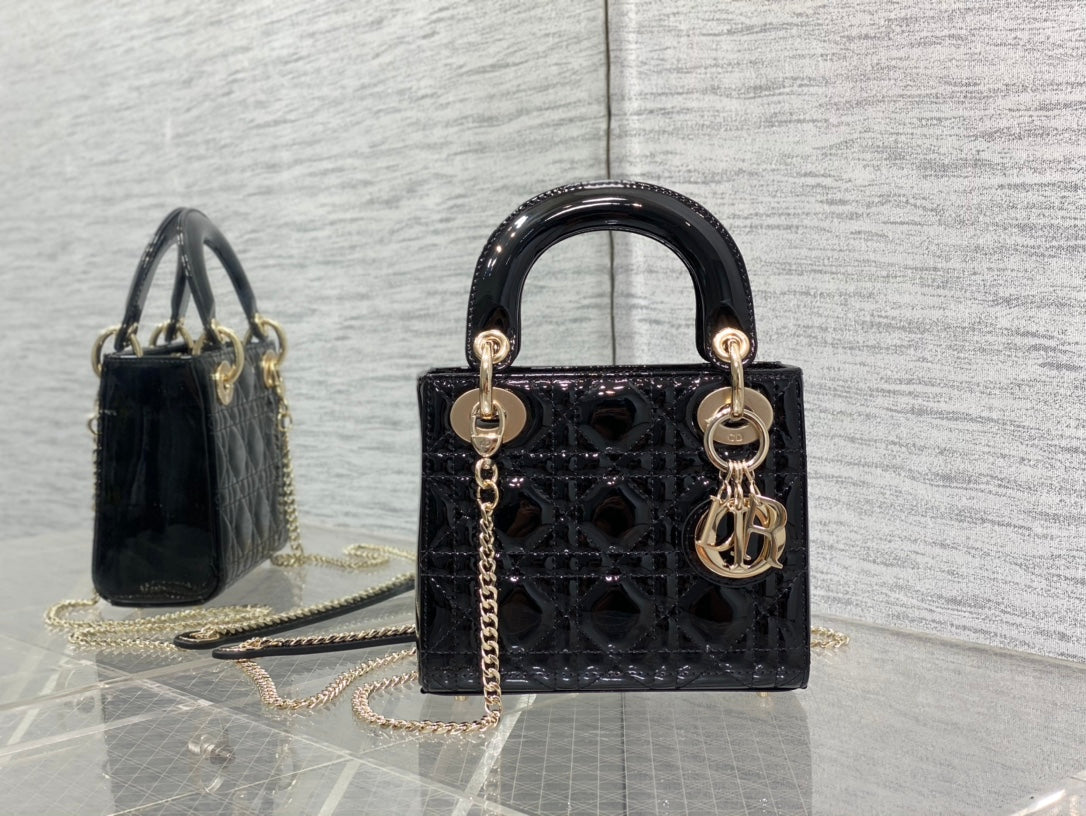 Dior Mini Quilted Black Patent Leather Top Handle Handbag with Gold Chain