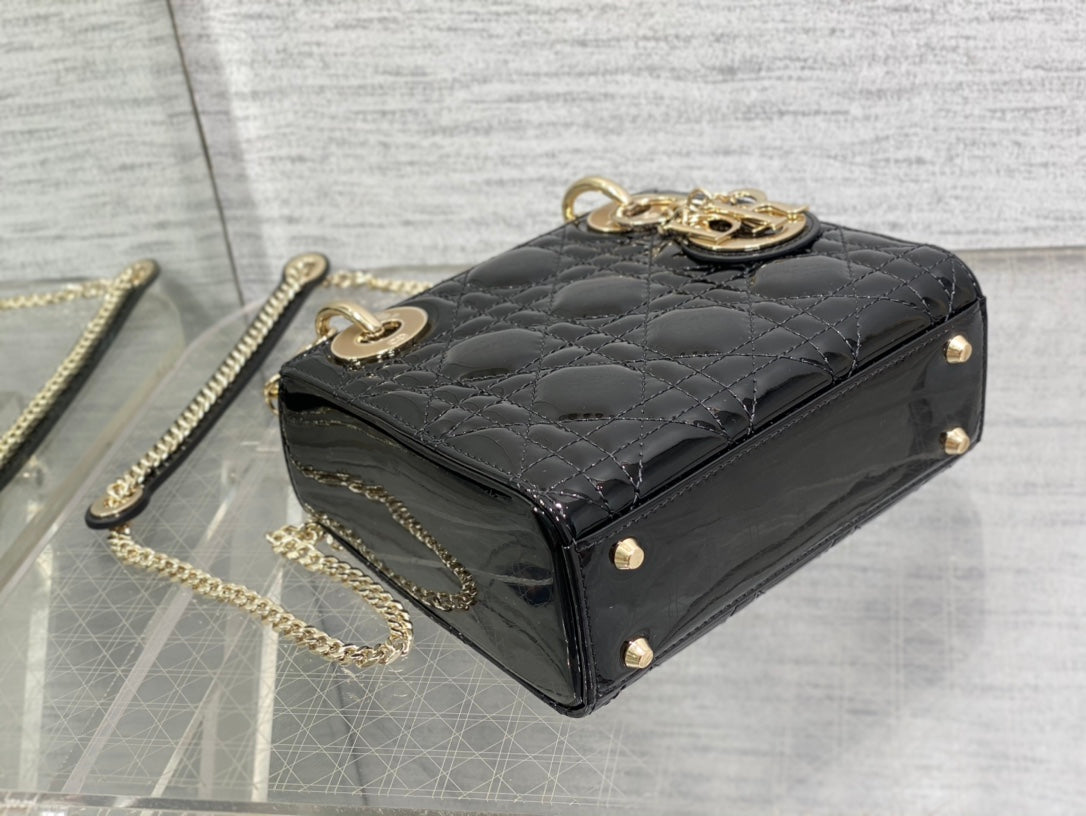 Dior Mini Quilted Black Patent Leather Top Handle Handbag with Gold Chain