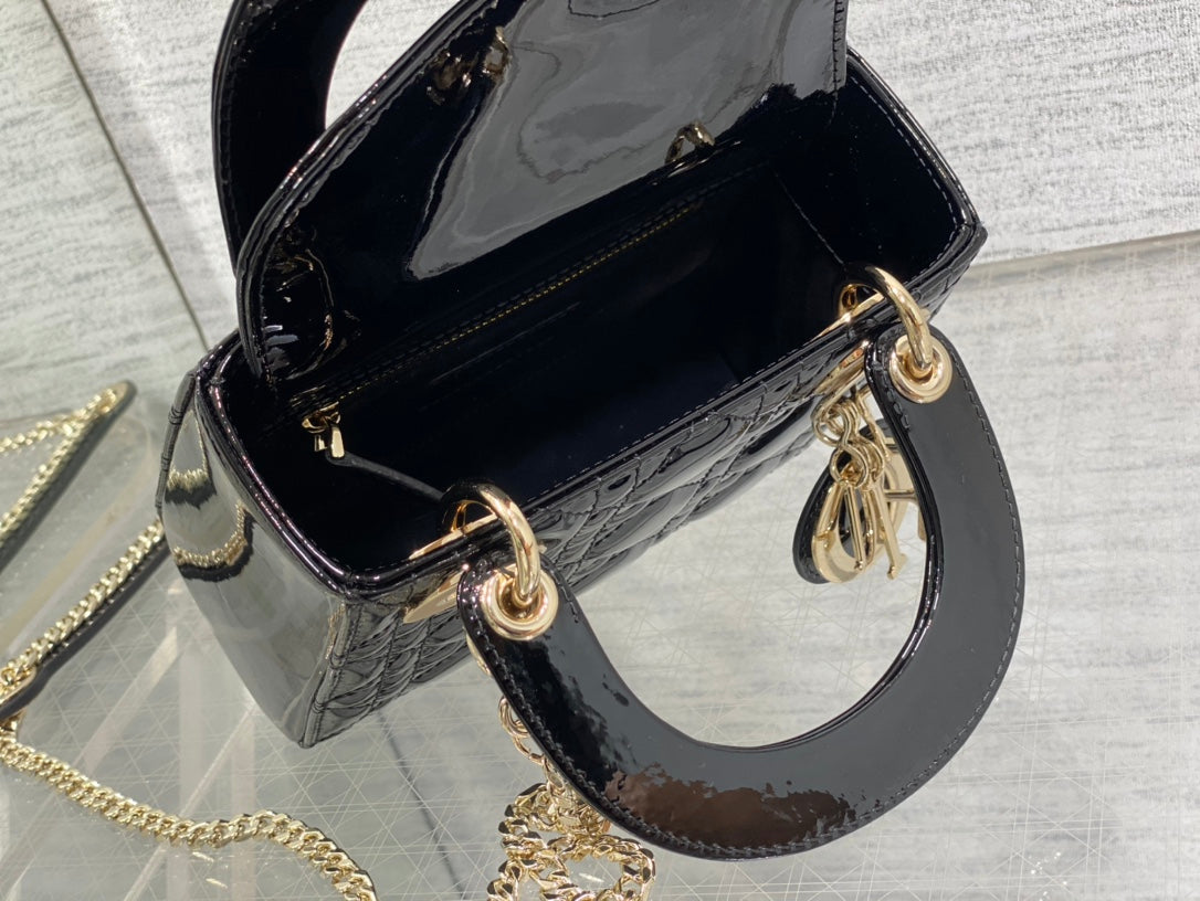 Dior Mini Quilted Black Patent Leather Top Handle Handbag with Gold Chain