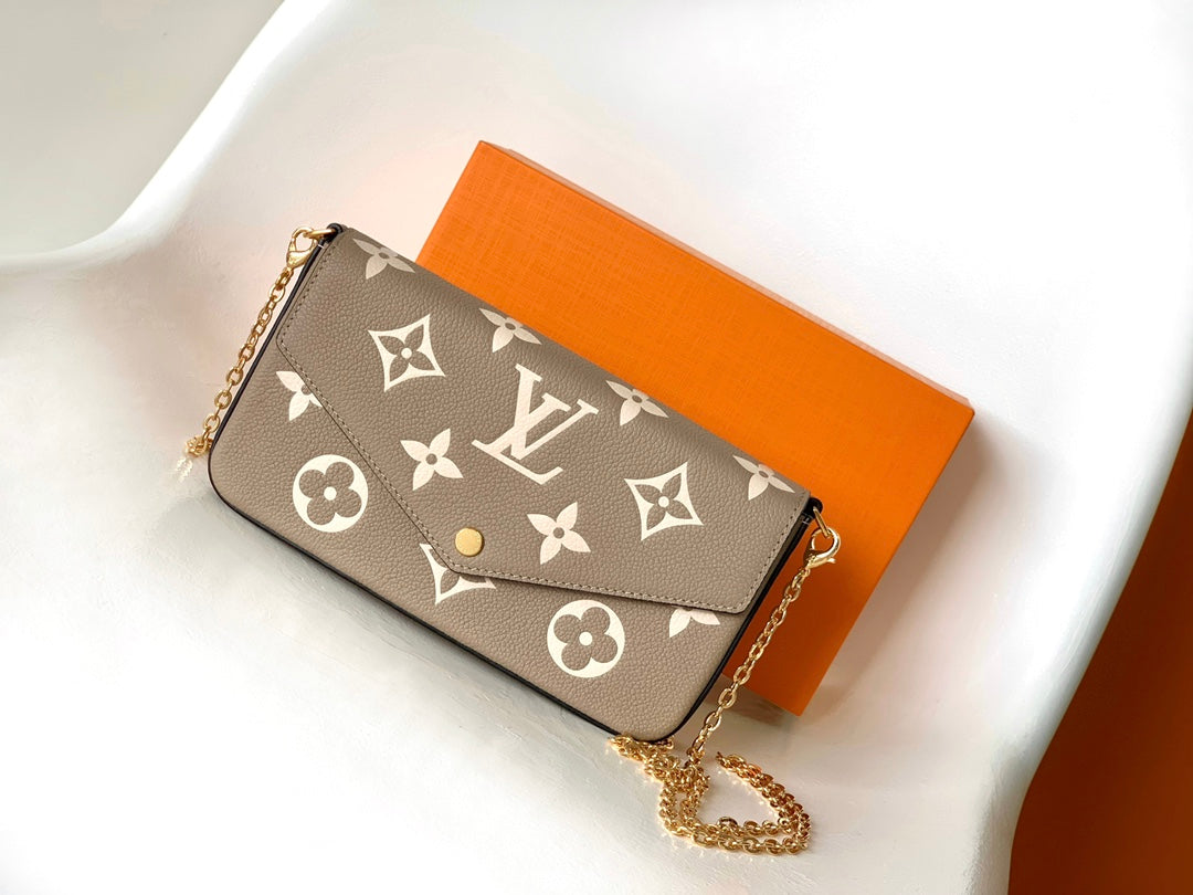 Louis Vuitton Taupe Monogram Leather Envelope Clutch Purse with Gold Chain