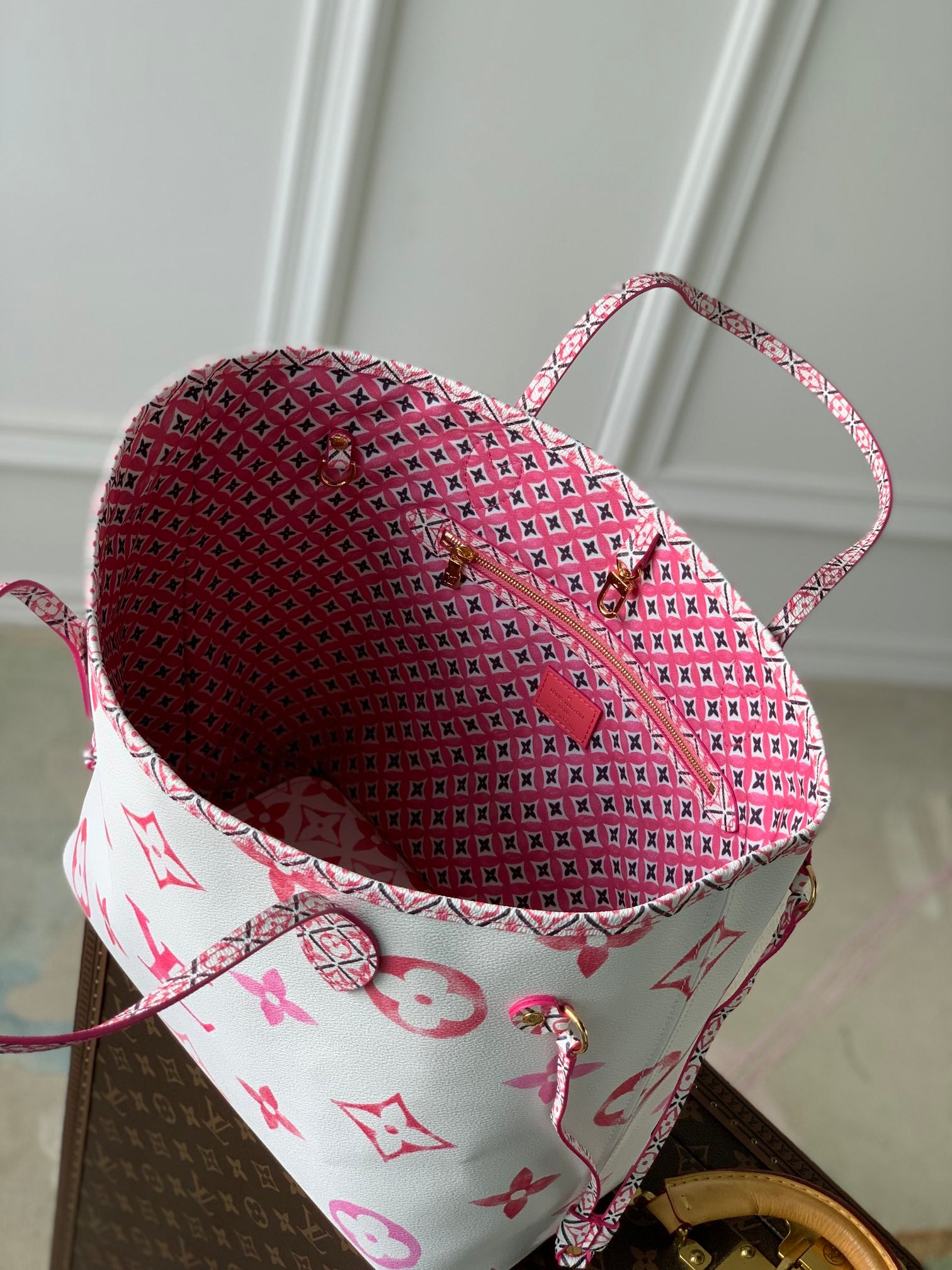Louis Vuitton Luxury Pink Floral Monogram White Tote Bag with Drawstring Sides