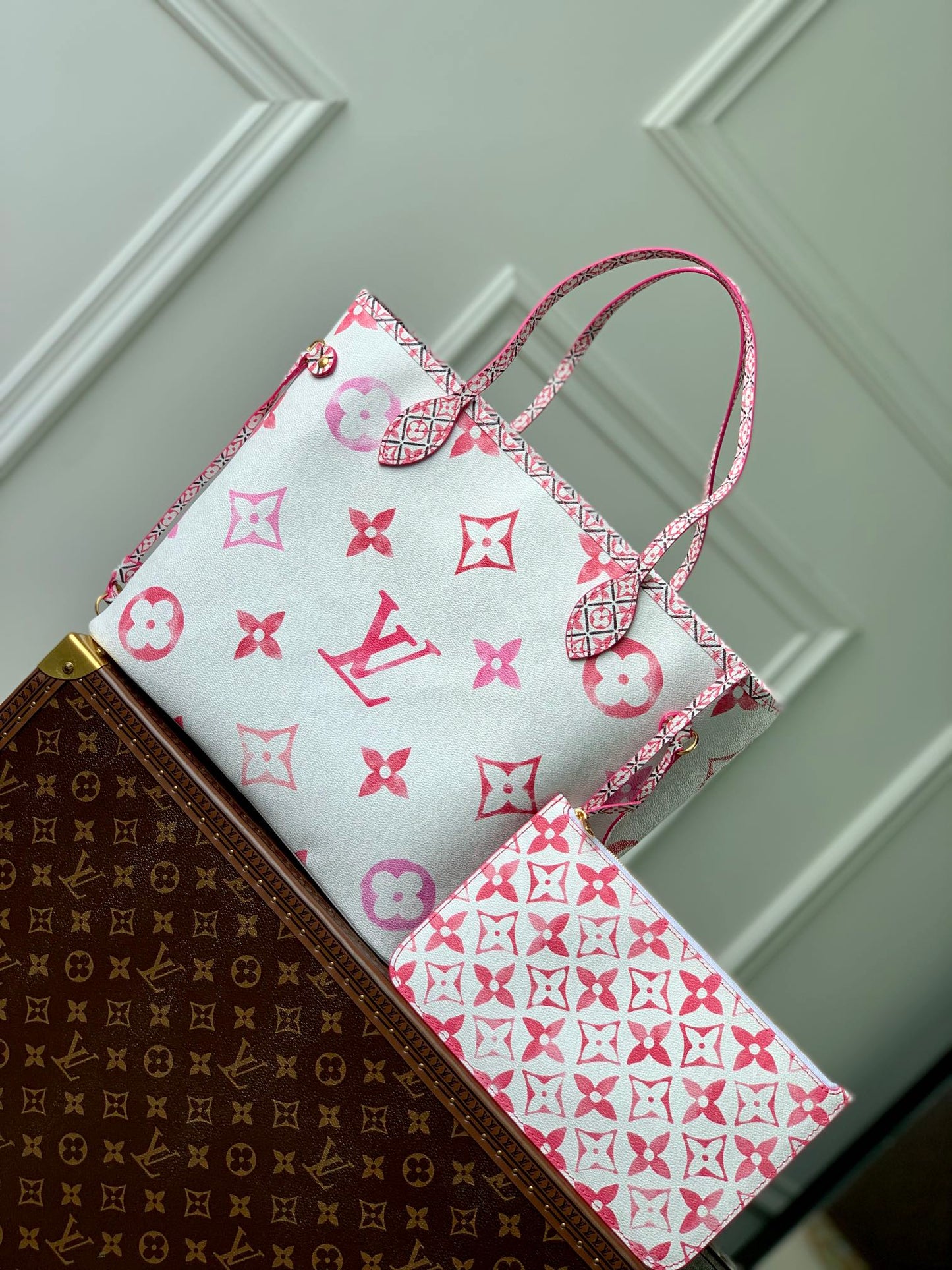 Louis Vuitton Luxury Pink Floral Monogram White Tote Bag with Drawstring Sides
