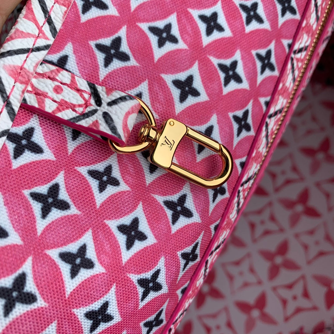 Louis Vuitton Luxury Pink Floral Monogram White Tote Bag with Drawstring Sides