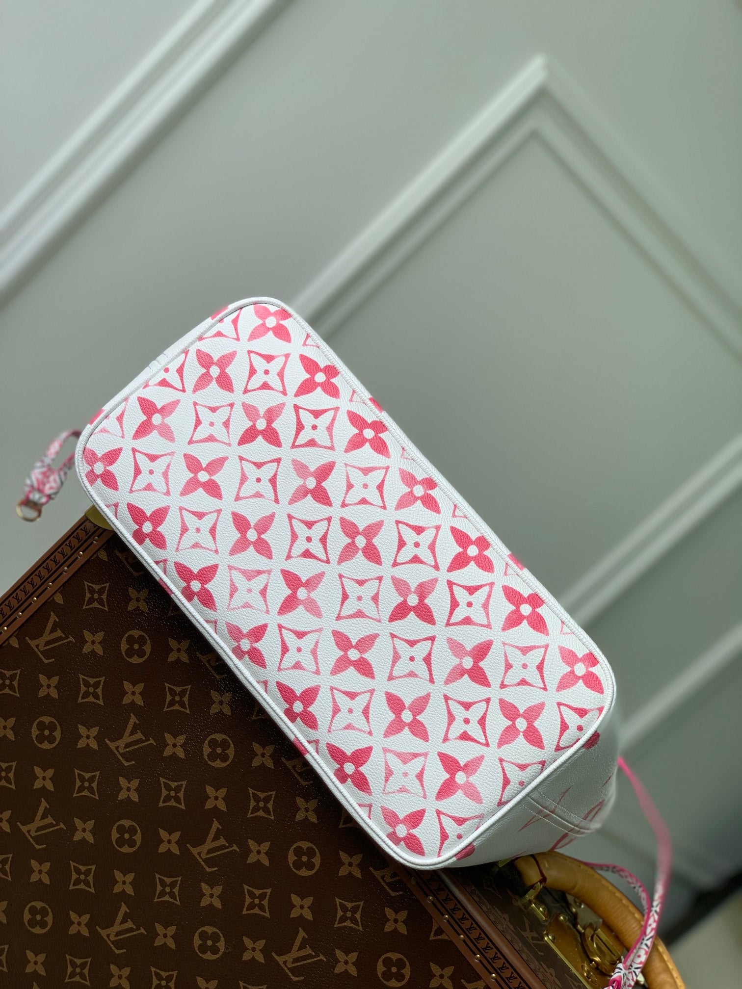 Louis Vuitton Luxury Pink Floral Monogram White Tote Bag with Drawstring Sides